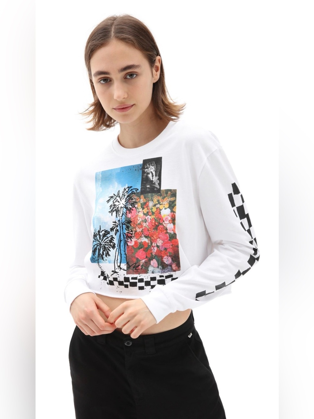VANS Women’s Search Party L/S White Graphic Cropped Tee Size MEDIUM